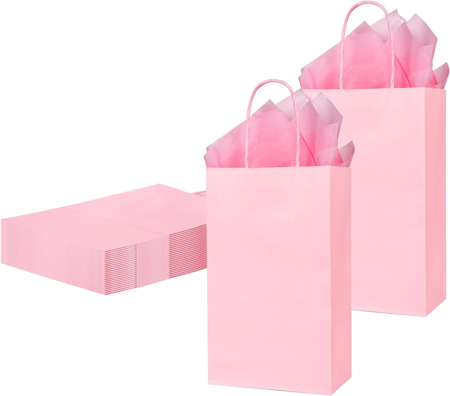 DjinnGlory 24 Pack Small Pink Paper Gift Bags with Handles 9x5.5x3.15 Inch and 24 Tissue Wrapping Paper for Business Birthday Wedding Bridal Baby Shower Party Favors Goodies