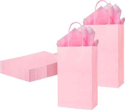 DjinnGlory 24 Pack Small Pink Paper Gift Bags with Handles 9x5.5x3.15 Inch and 24 Tissue Wrapping Paper for Business Birthday Wedding Bridal Baby Shower Party Favors Goodies