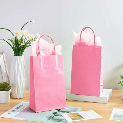 DjinnGlory 24 Pack Small Pink Paper Gift Bags with Handles 9x5.5x3.15 Inch and 24 Tissue Wrapping Paper for Business Birthday Wedding Bridal Baby Shower Party Favors Goodies