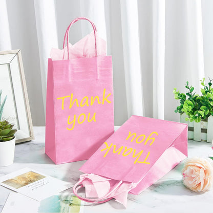 DjinnGlory 24 Pack Small Pink Paper Gift Bags with Handles 9x5.5x3.15 Inch and 24 Tissue Wrapping Paper for Business Birthday Wedding Bridal Baby Shower Party Favors Goodies
