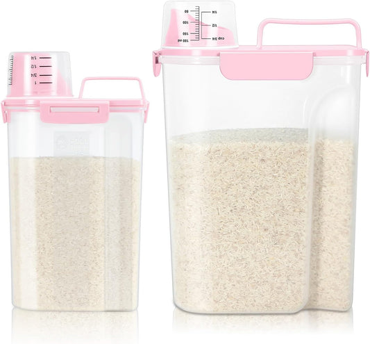 2 Pack Airtight Rice Container 5 Lbs +10 Lbs, Cereal Container Oatmeal Storage with Easy-pouring Spout & Handy Cup for Flour Grain Beans, Pet Dog Cat Bird Food Storage Dispenser -Pink