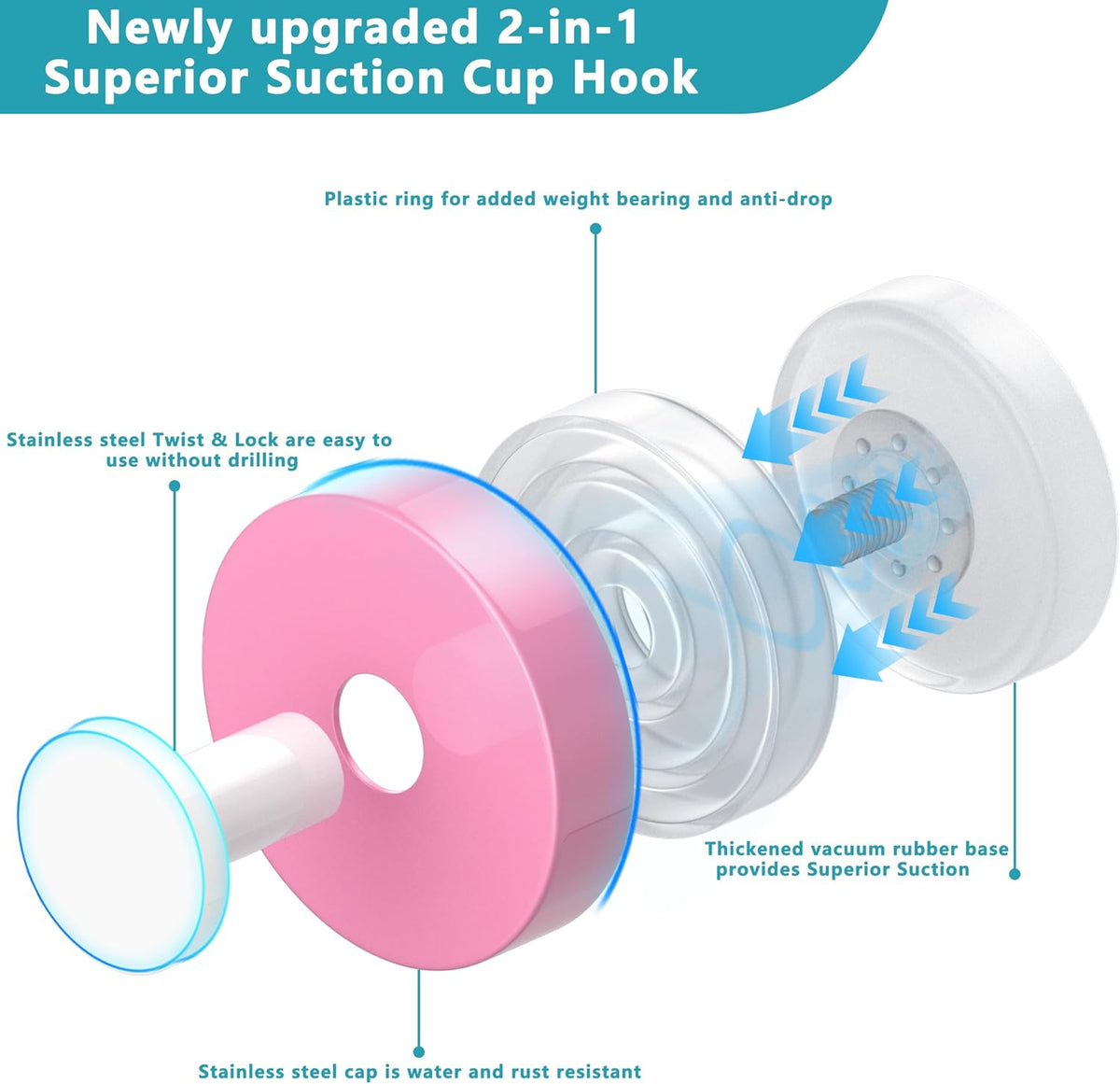 Suction Cup Hooks for Shower,Removable No Drill Towel Hook,Pink White 4 Pcs