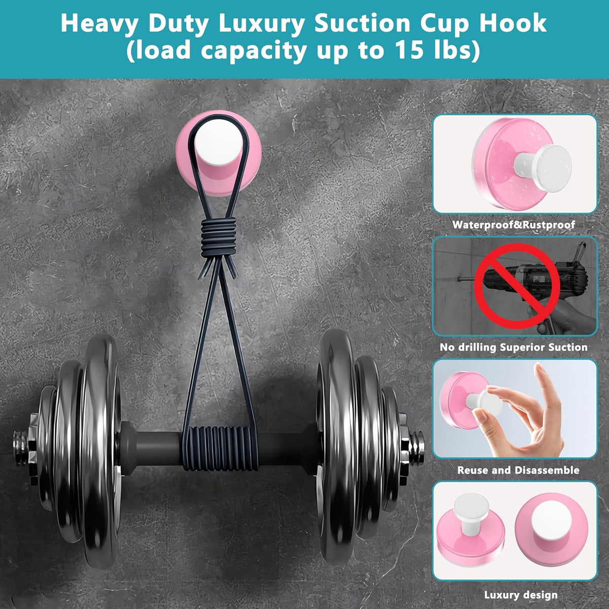 Suction Cup Hooks for Shower,Removable No Drill Towel Hook,Pink White 4 Pcs