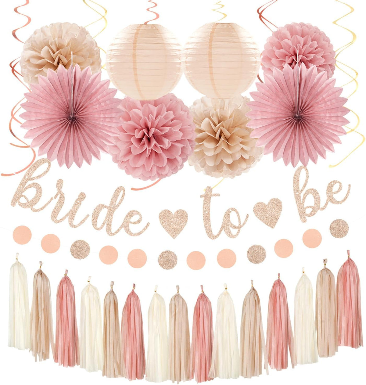 Blush-Pink Rose-Gold Bridal-Shower Fall Party-Decorations - 31pcs Bride to Be Sign Banner,Bachelorette Paper Lanterns,Wedding Streamers Garland,Boho Peach Tissue Pom Poms Fans Decor Supplies