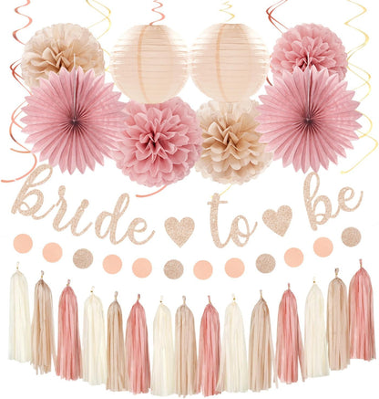 Blush-Pink Rose-Gold Bridal-Shower Fall Party-Decorations - 31pcs Bride to Be Sign Banner,Bachelorette Paper Lanterns,Wedding Streamers Garland,Boho Peach Tissue Pom Poms Fans Decor Supplies
