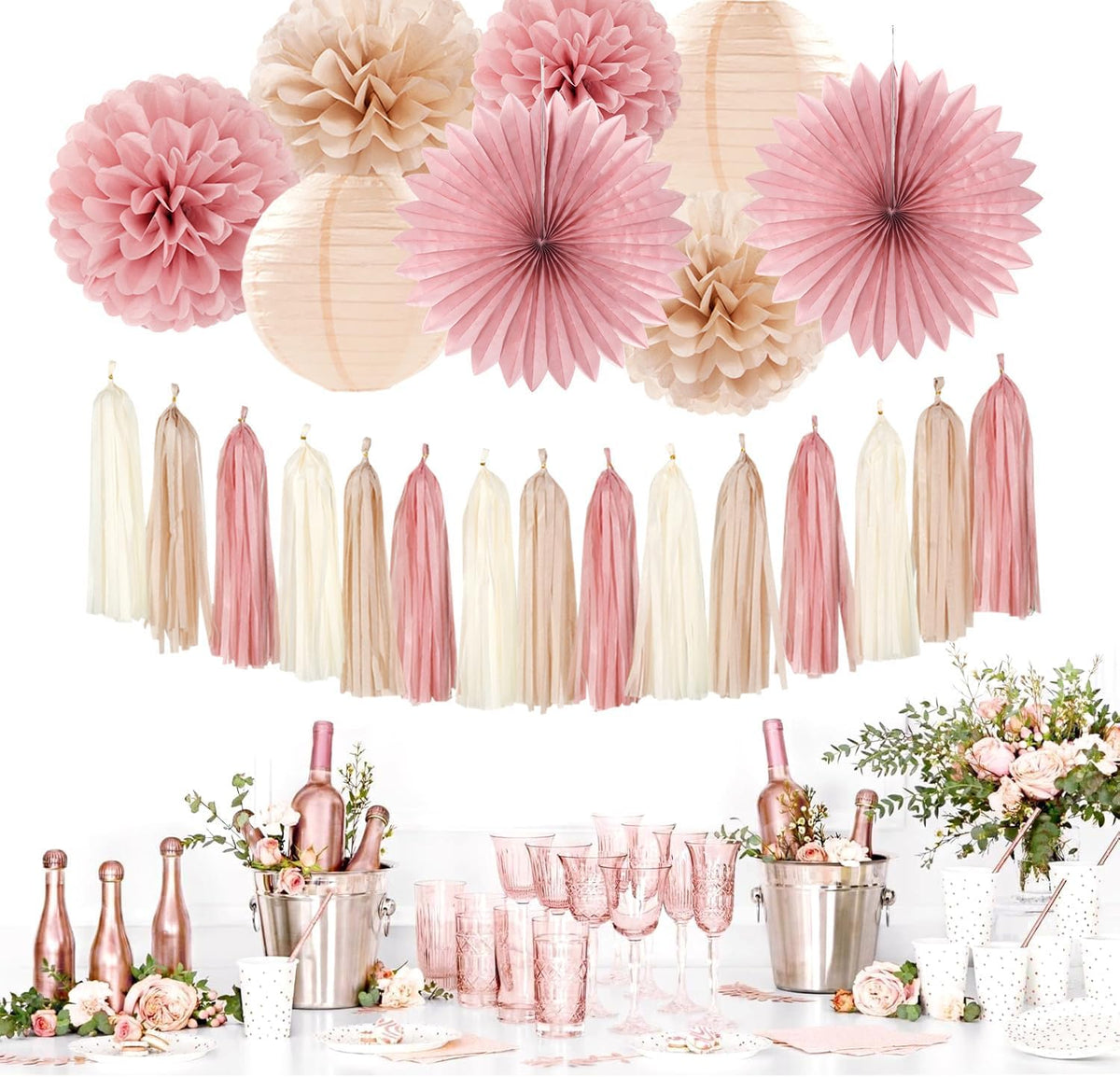 Blush-Pink Rose-Gold Bridal-Shower Fall Party-Decorations - 31pcs Bride to Be Sign Banner,Bachelorette Paper Lanterns,Wedding Streamers Garland,Boho Peach Tissue Pom Poms Fans Decor Supplies