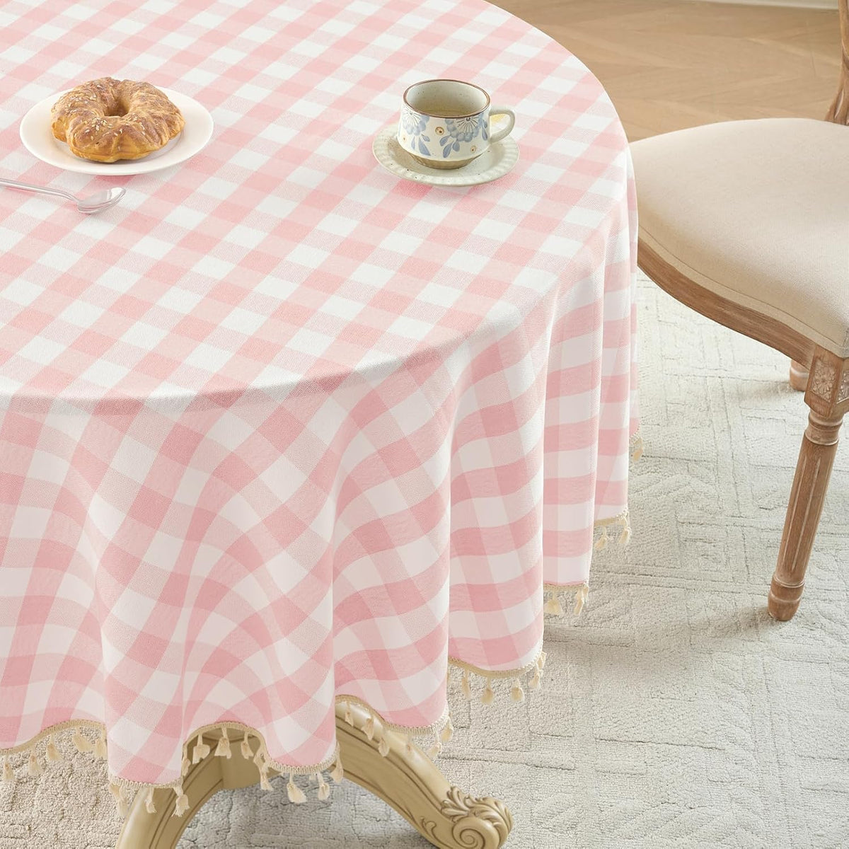 Gingham Round Tablecloth with Tassel, Pink, 70" x 70"