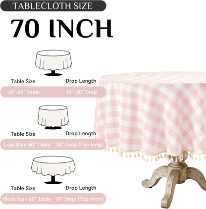 Gingham Round Tablecloth with Tassel, Pink, 70" x 70"