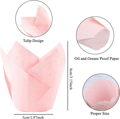 150 Pieces Tulip Cupcake Muffin Liners Paper Baking Cups Greaseproof Cupcake Wrappers for Birthday Wedding Party Baby Showers Catering Restaurants(Pink)