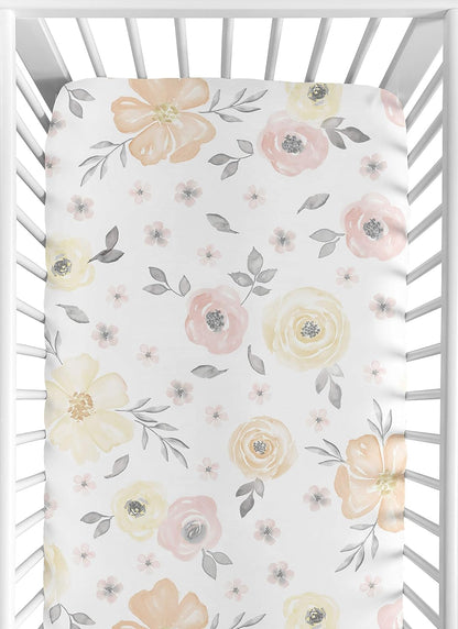 Yellow and Pink Watercolor Floral Girl Fitted Crib Sheet Baby or Toddler Bed Nursery - Blush Peach Orange Cream Grey and White Shabby Chic Rose Flower Farmhouse