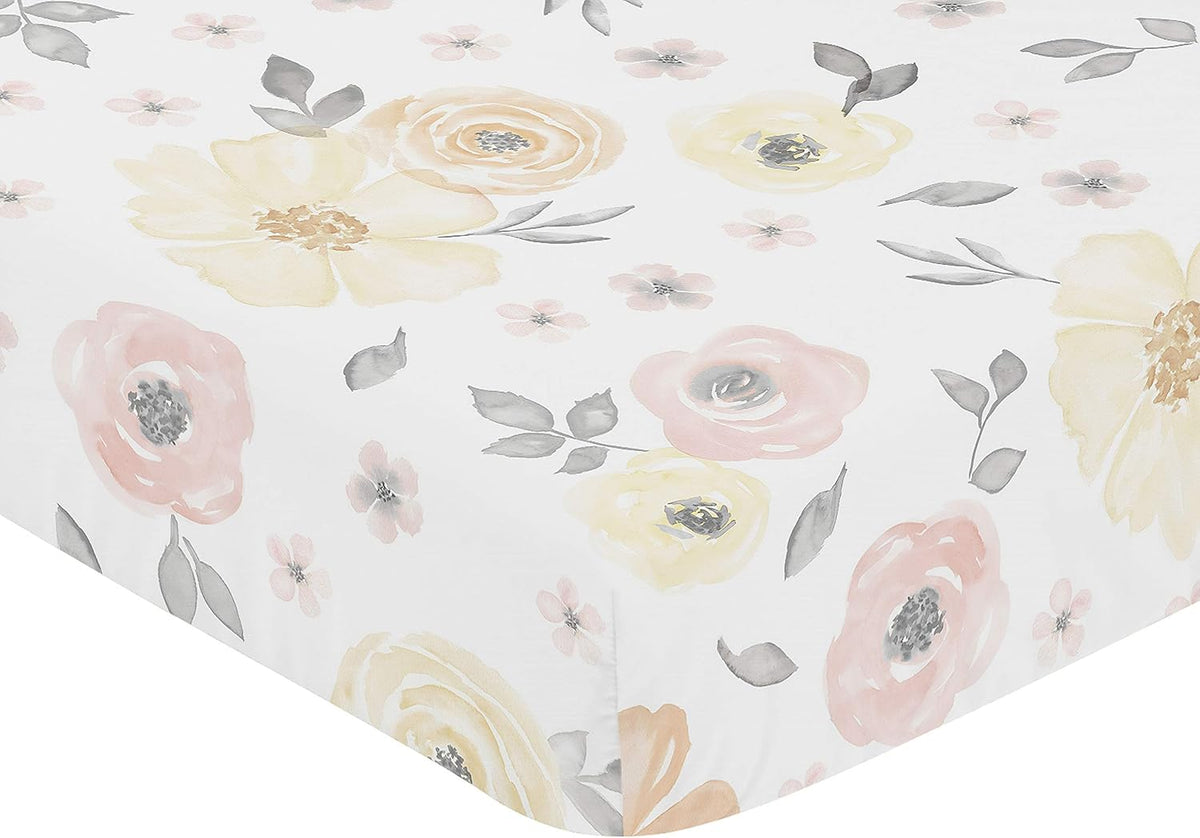 Yellow and Pink Watercolor Floral Girl Fitted Crib Sheet Baby or Toddler Bed Nursery - Blush Peach Orange Cream Grey and White Shabby Chic Rose Flower Farmhouse