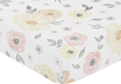 Yellow and Pink Watercolor Floral Girl Fitted Crib Sheet Baby or Toddler Bed Nursery - Blush Peach Orange Cream Grey and White Shabby Chic Rose Flower Farmhouse