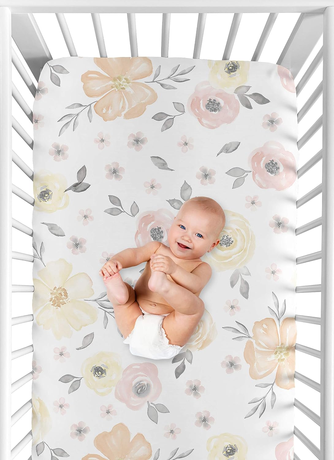 Yellow and Pink Watercolor Floral Girl Fitted Crib Sheet Baby or Toddler Bed Nursery - Blush Peach Orange Cream Grey and White Shabby Chic Rose Flower Farmhouse
