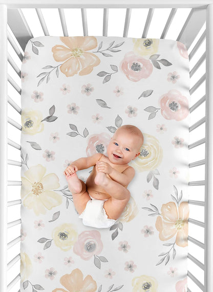 Yellow and Pink Watercolor Floral Girl Fitted Crib Sheet Baby or Toddler Bed Nursery - Blush Peach Orange Cream Grey and White Shabby Chic Rose Flower Farmhouse