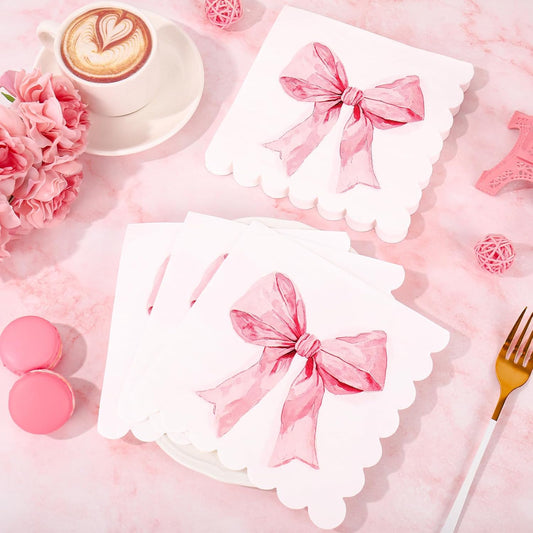 50Pcs Pink Bow Paper Napkin Coquette Bowknot Disposable Luncheon Napkins Scalloped Dessert Dinner Hand Napkin for Wedding Bridal Shower Bachelorette
