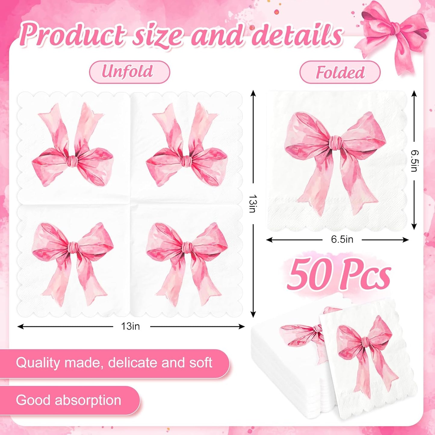 50Pcs Pink Bow Paper Napkin Coquette Bowknot Disposable Luncheon Napkins Scalloped Dessert Dinner Hand Napkin for Wedding Bridal Shower Bachelorette