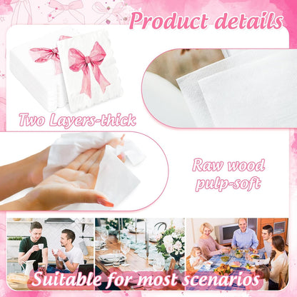 50Pcs Pink Bow Paper Napkin Coquette Bowknot Disposable Luncheon Napkins Scalloped Dessert Dinner Hand Napkin for Wedding Bridal Shower Bachelorette