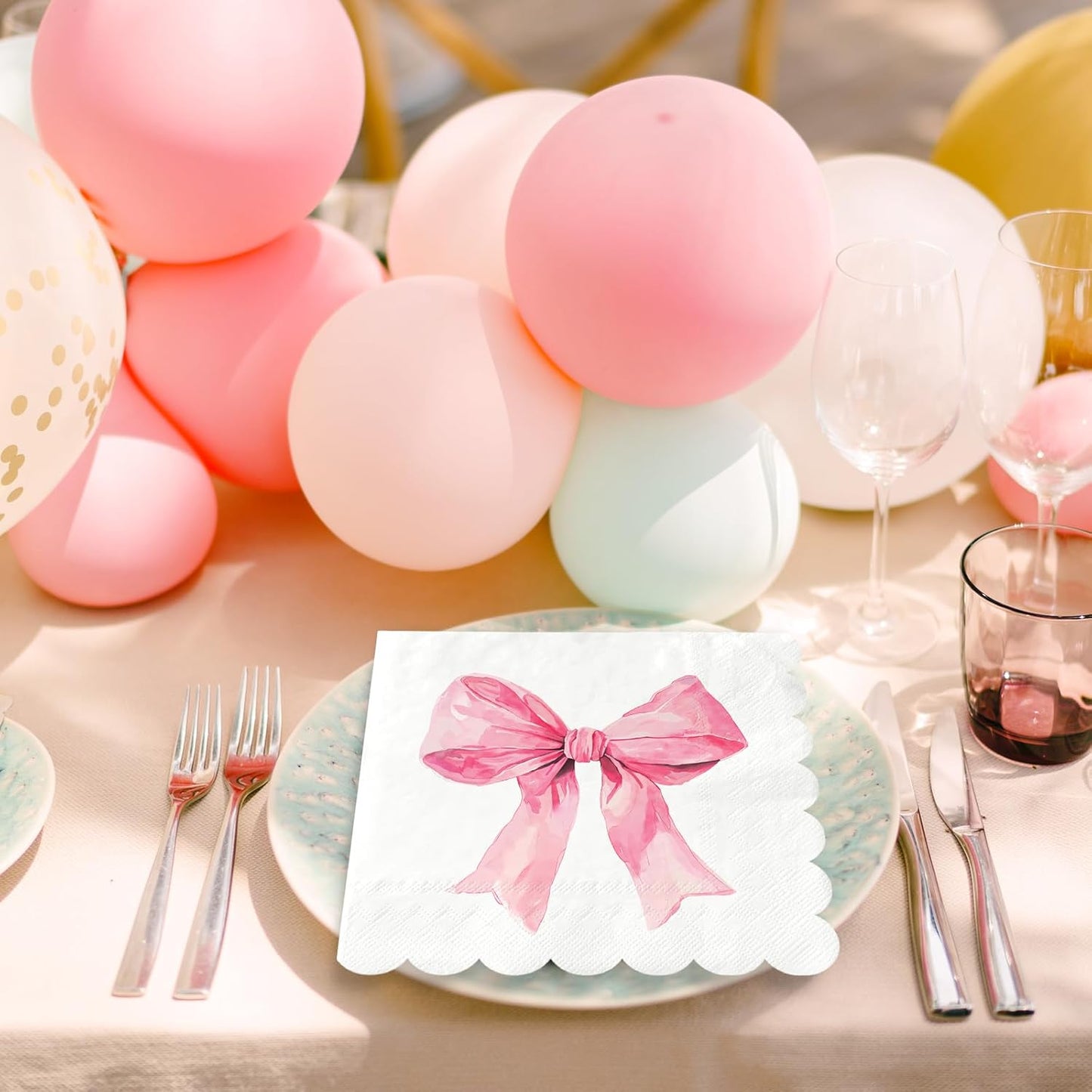 50Pcs Pink Bow Paper Napkin Coquette Bowknot Disposable Luncheon Napkins Scalloped Dessert Dinner Hand Napkin for Wedding Bridal Shower Bachelorette