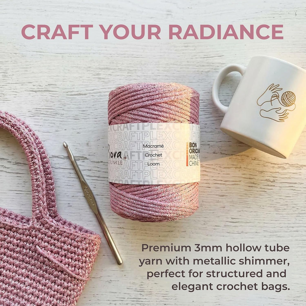 3mm Sparkle Polyester Macramé Cord - 150g/66yds Metallic Glitter Braided Cord for Crocheting Bags, Baskets, Macramé Plant Hangers & DIY Crafts, Machine Washable (3#Pink Pinky)