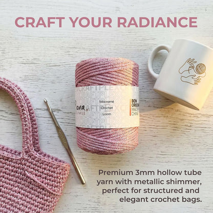 3mm Sparkle Polyester Macramé Cord - 150g/66yds Metallic Glitter Braided Cord for Crocheting Bags, Baskets, Macramé Plant Hangers & DIY Crafts, Machine Washable (3#Pink Pinky)