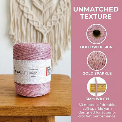 3mm Sparkle Polyester Macramé Cord - 150g/66yds Metallic Glitter Braided Cord for Crocheting Bags, Baskets, Macramé Plant Hangers & DIY Crafts, Machine Washable (3#Pink Pinky)
