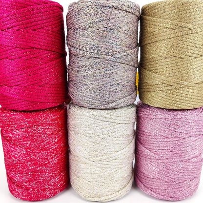 3mm Sparkle Polyester Macramé Cord - 150g/66yds Metallic Glitter Braided Cord for Crocheting Bags, Baskets, Macramé Plant Hangers & DIY Crafts, Machine Washable (3#Pink Pinky)