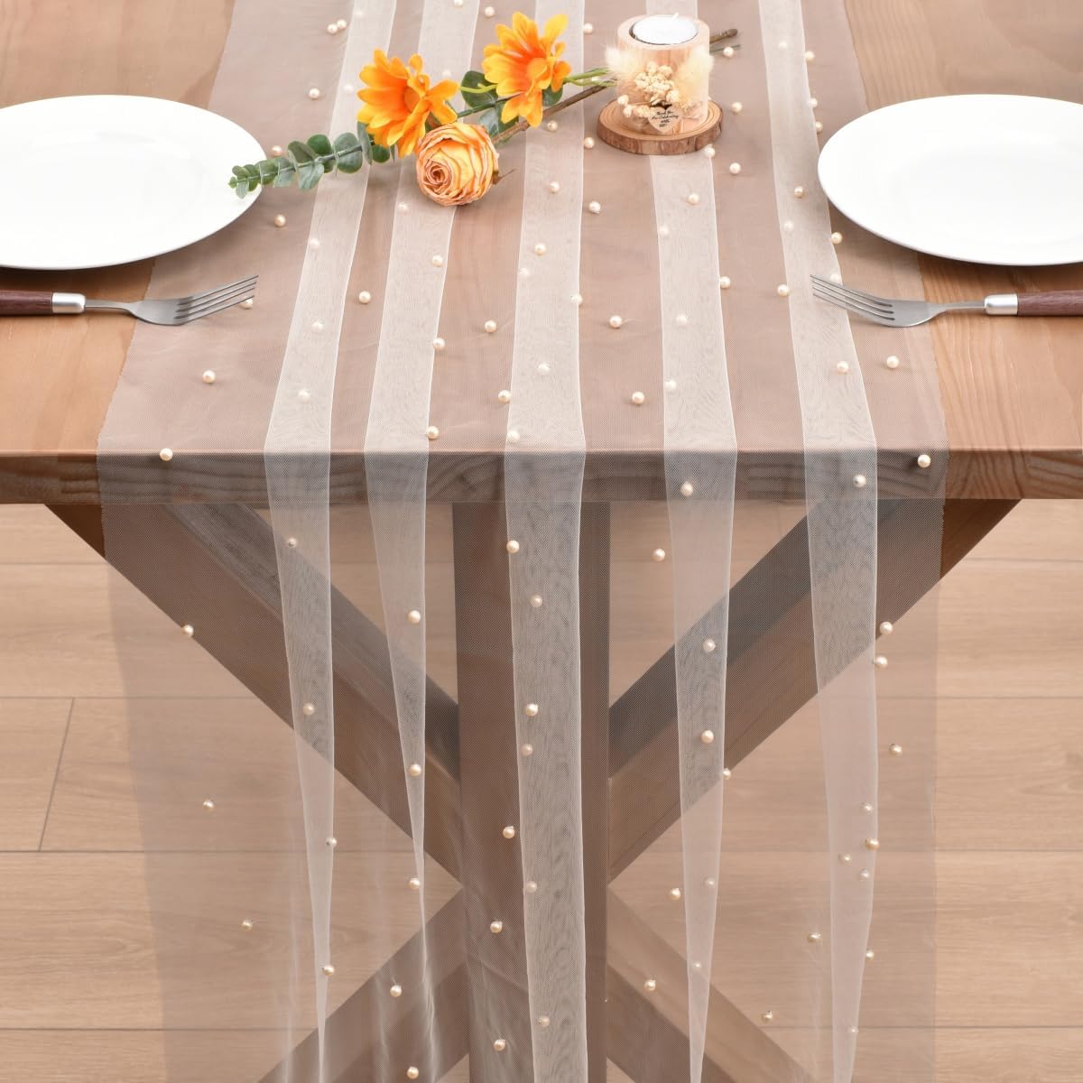 Pearl Table Runner Boho Rustic Tulle Lace Bridal Shower Beaded Table Decor