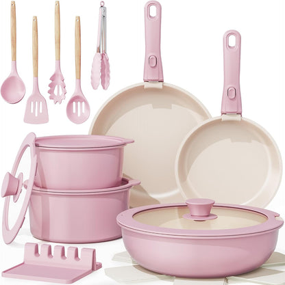 20 Pcs Ceramic Pots and Pans Set, Nonstick Cookware Set with Detachable Handles, Oven Safe to 480°F, Induction Compatible, Stackable RV Kitchen Cooking Set, Pink