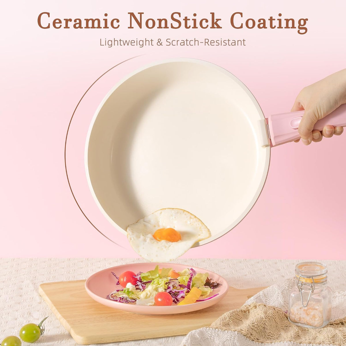 20 Pcs Ceramic Pots and Pans Set, Nonstick Cookware Set with Detachable Handles, Oven Safe to 480°F, Induction Compatible, Stackable RV Kitchen Cooking Set, Pink