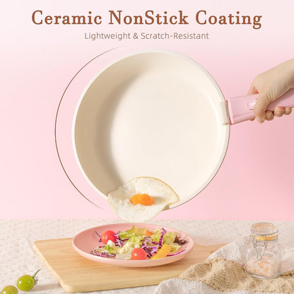20 Pcs Ceramic Pots and Pans Set, Nonstick Cookware Set with Detachable Handles, Oven Safe to 480°F, Induction Compatible, Stackable RV Kitchen Cooking Set, Pink