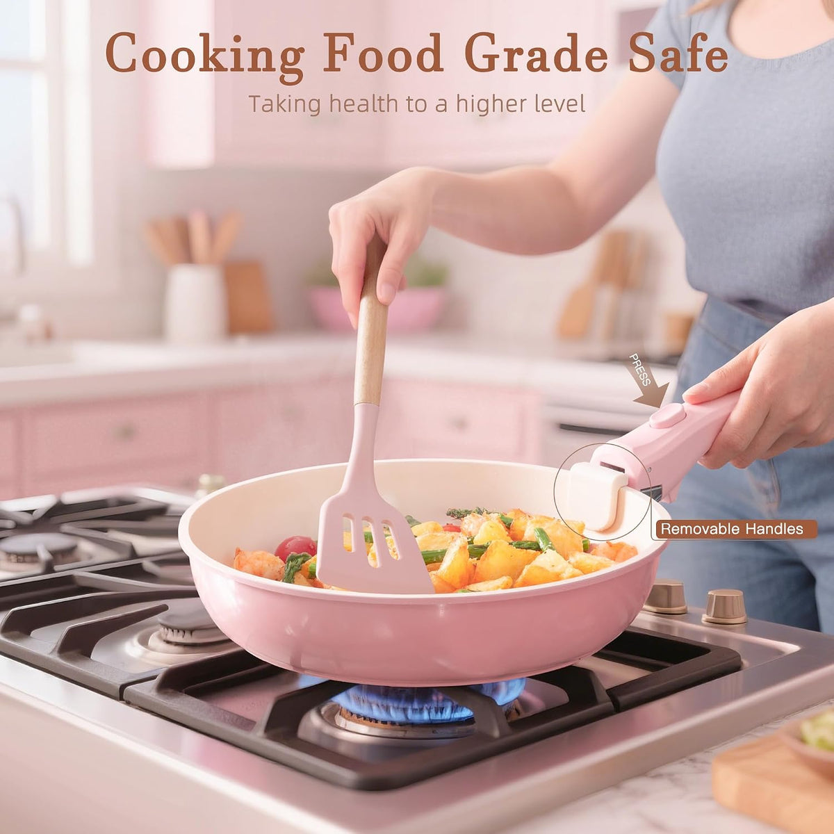 20 Pcs Ceramic Pots and Pans Set, Nonstick Cookware Set with Detachable Handles, Oven Safe to 480°F, Induction Compatible, Stackable RV Kitchen Cooking Set, Pink