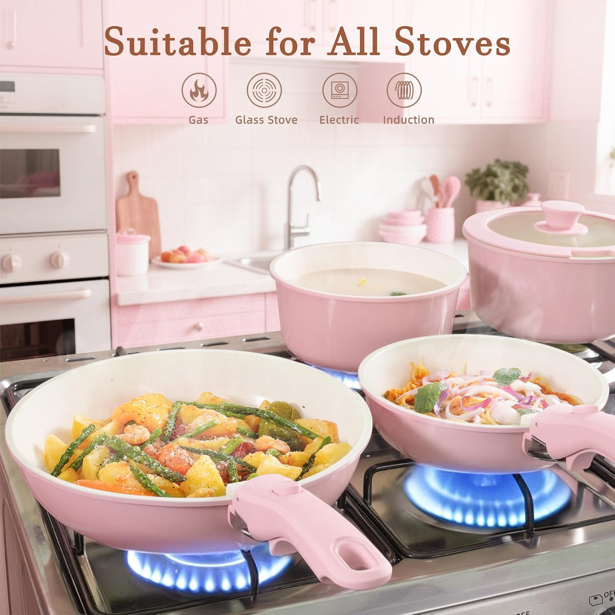 20 Pcs Ceramic Pots and Pans Set, Nonstick Cookware Set with Detachable Handles, Oven Safe to 480°F, Induction Compatible, Stackable RV Kitchen Cooking Set, Pink