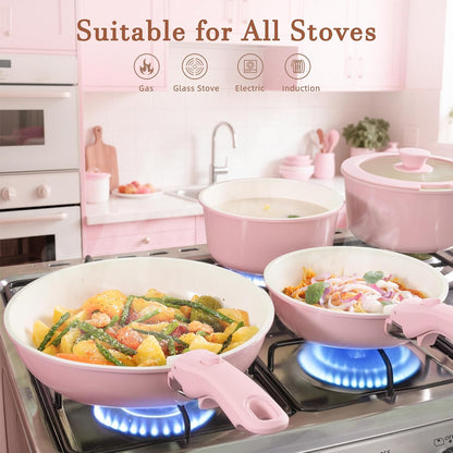 20 Pcs Ceramic Pots and Pans Set, Nonstick Cookware Set with Detachable Handles, Oven Safe to 480°F, Induction Compatible, Stackable RV Kitchen Cooking Set, Pink