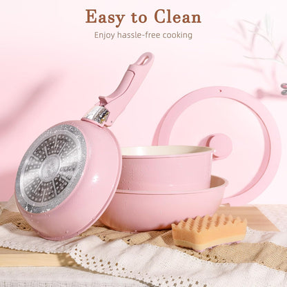 20 Pcs Ceramic Pots and Pans Set, Nonstick Cookware Set with Detachable Handles, Oven Safe to 480°F, Induction Compatible, Stackable RV Kitchen Cooking Set, Pink