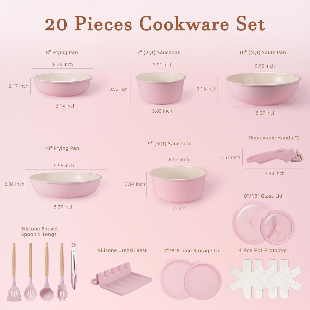 20 Pcs Ceramic Pots and Pans Set, Nonstick Cookware Set with Detachable Handles, Oven Safe to 480°F, Induction Compatible, Stackable RV Kitchen Cooking Set, Pink