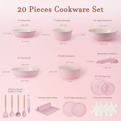20 Pcs Ceramic Pots and Pans Set, Nonstick Cookware Set with Detachable Handles, Oven Safe to 480°F, Induction Compatible, Stackable RV Kitchen Cooking Set, Pink