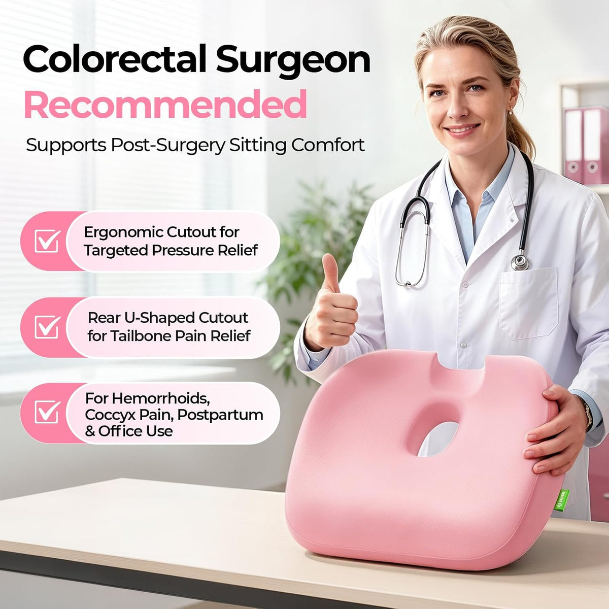 Innovative Donut Pillow Hemorrhoids Scientific Center Hole and Tailbone Cutout, Orthopedic Pain Relief Donut Seat Cushion for Coccyx, Sciatica, Postpartum Pregnancy, After Surgery Sitting Relief
