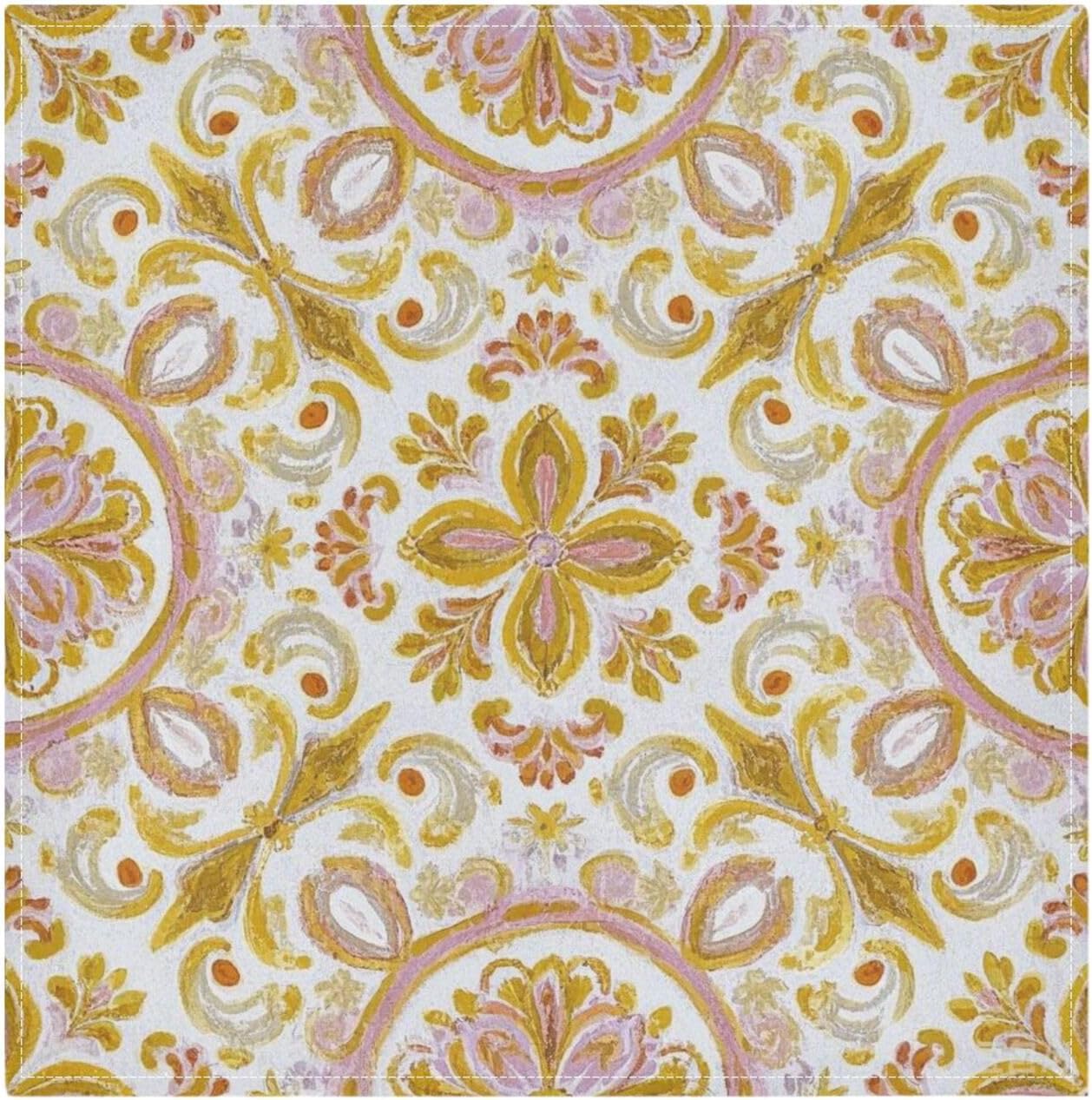 Retro Trendy Flower Paisley Gold Peach Spring Dinner Napkins Reusable eco Friendly White Polyester Dinner Fancy Kitchen Napkins Cloth Cream Cloth Napkins Set of 6 20 x 20in para servilletas