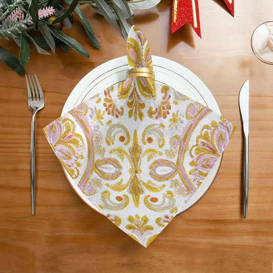 Retro Trendy Flower Paisley Gold Peach Spring Dinner Napkins Reusable eco Friendly White Polyester Dinner Fancy Kitchen Napkins Cloth Cream Cloth Napkins Set of 6 20 x 20in para servilletas