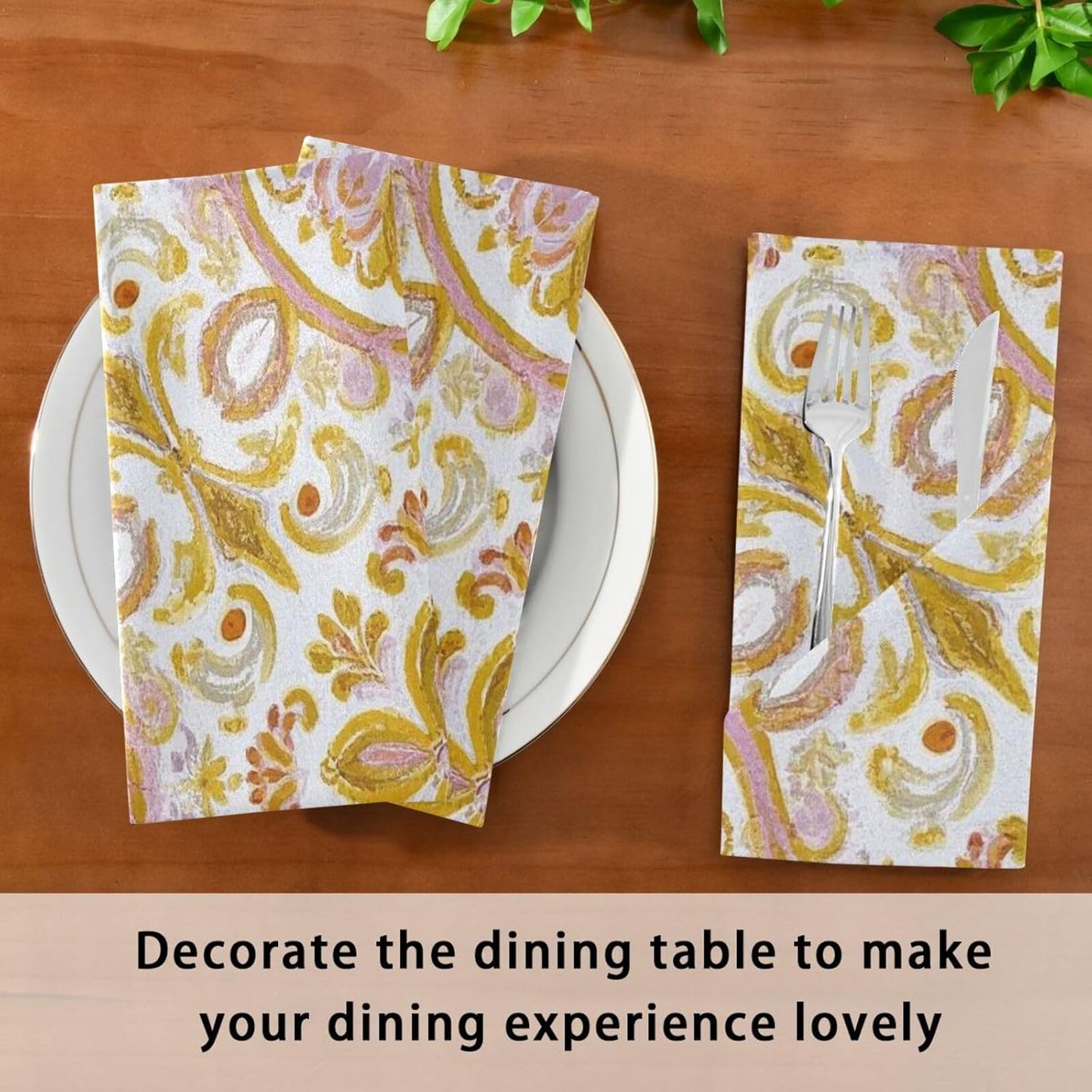 Retro Trendy Flower Paisley Gold Peach Spring Dinner Napkins Reusable eco Friendly White Polyester Dinner Fancy Kitchen Napkins Cloth Cream Cloth Napkins Set of 6 20 x 20in para servilletas