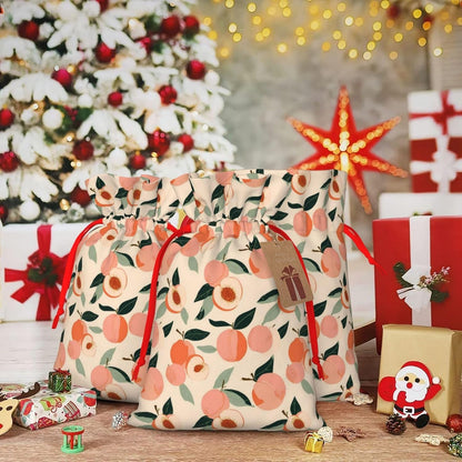 Peaches (3) Print Christmas Drawstring Gift Bags, Reusable Candy Treat Bags For Holiday Birthday Party