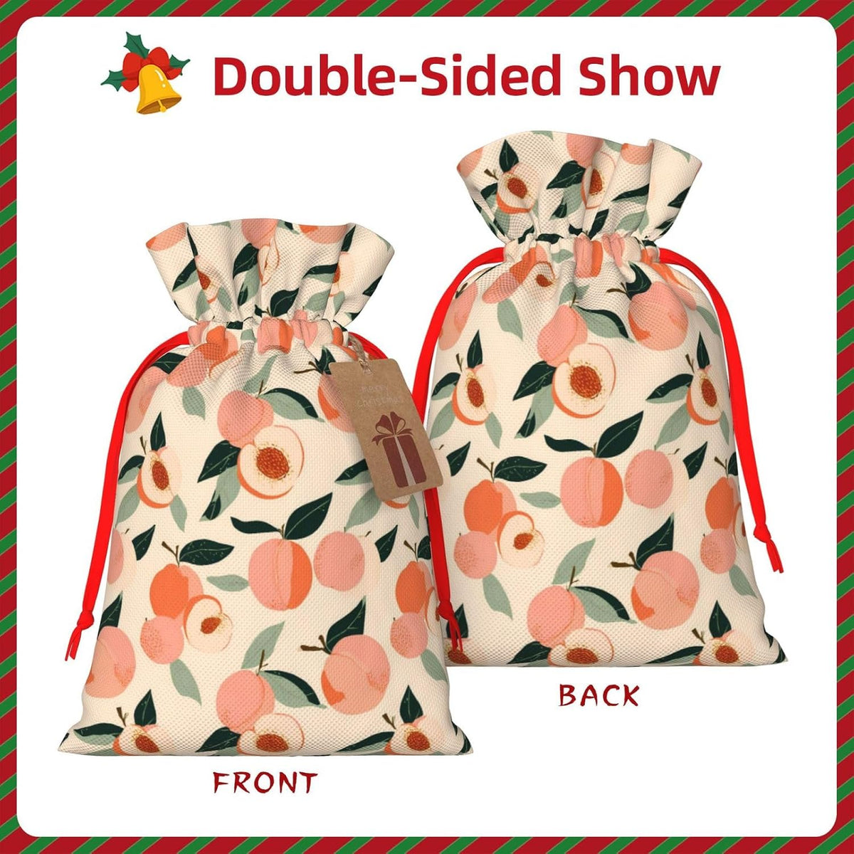 Peaches (3) Print Christmas Drawstring Gift Bags, Reusable Candy Treat Bags For Holiday Birthday Party