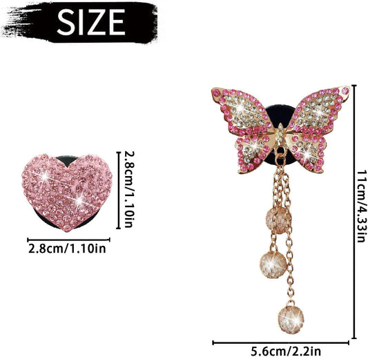 Pink Heart & Butterfly Air Vent Clips, 4 Pcs Bling Heart & Butterfly Air Fresheners Vents Clips Diamond Car Interior Decor Bling Cute Pink Car Accessories Decoration for Women + Heart Mask Hook