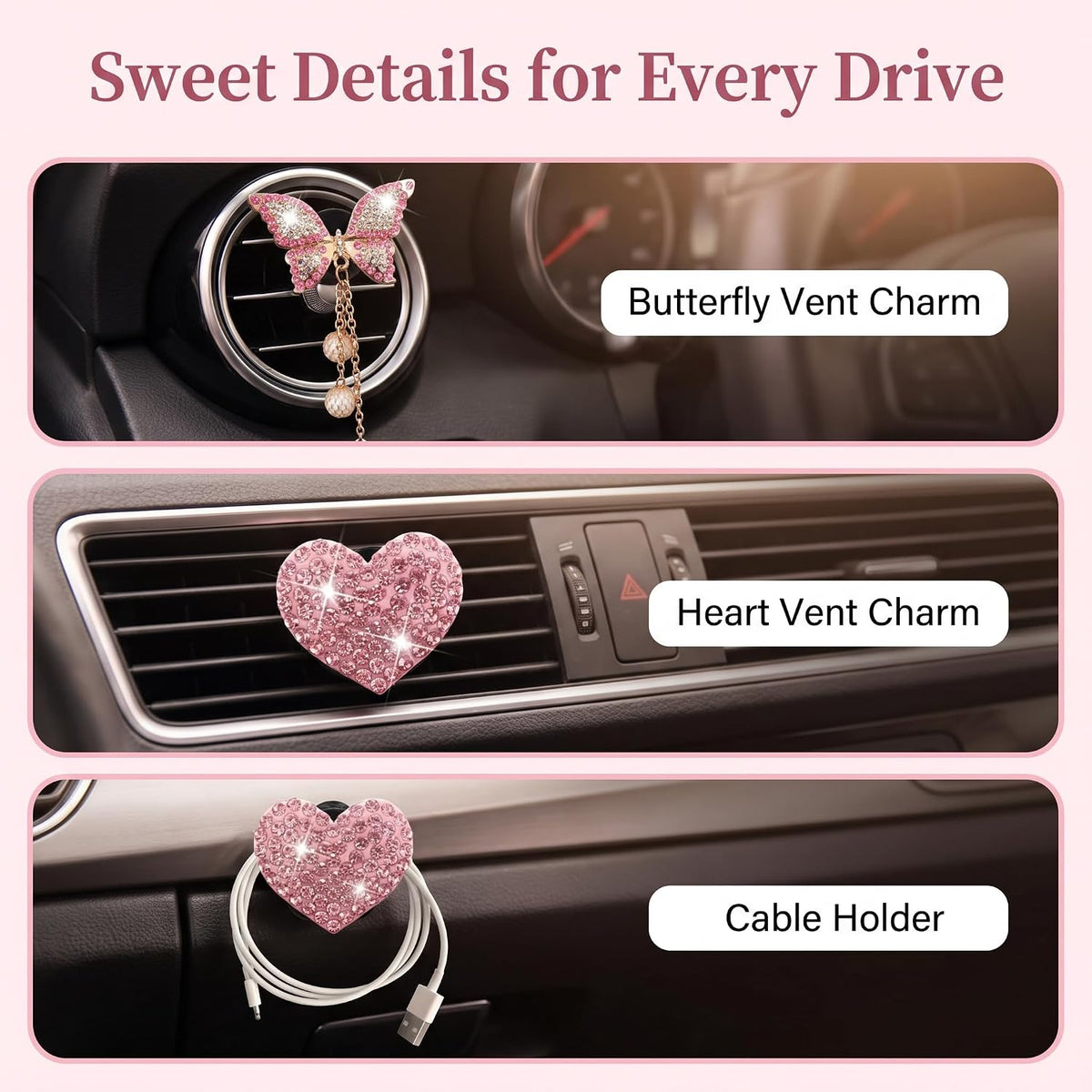 Pink Heart & Butterfly Air Vent Clips, 4 Pcs Bling Heart & Butterfly Air Fresheners Vents Clips Diamond Car Interior Decor Bling Cute Pink Car Accessories Decoration for Women + Heart Mask Hook