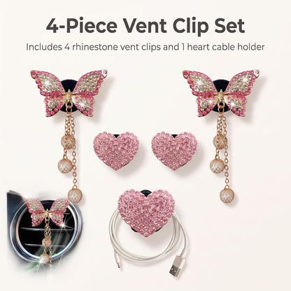 Pink Heart & Butterfly Air Vent Clips, 4 Pcs Bling Heart & Butterfly Air Fresheners Vents Clips Diamond Car Interior Decor Bling Cute Pink Car Accessories Decoration for Women + Heart Mask Hook