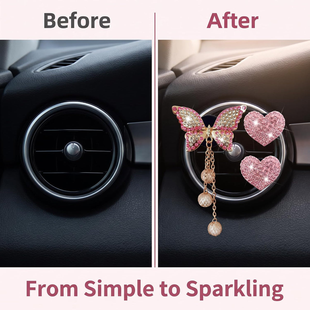 Pink Heart & Butterfly Air Vent Clips, 4 Pcs Bling Heart & Butterfly Air Fresheners Vents Clips Diamond Car Interior Decor Bling Cute Pink Car Accessories Decoration for Women + Heart Mask Hook