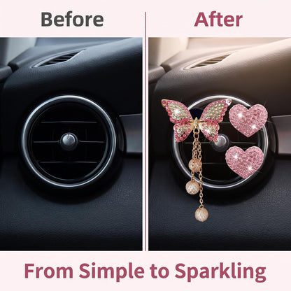 Pink Heart & Butterfly Air Vent Clips, 4 Pcs Bling Heart & Butterfly Air Fresheners Vents Clips Diamond Car Interior Decor Bling Cute Pink Car Accessories Decoration for Women + Heart Mask Hook