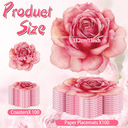 200 Pcs Pink Floral Paper Placemats and Coasters Rose Flower Design
