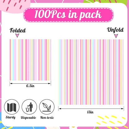 Motipuns 100 Pcs Pastel Paper Napkins—Disposable Plaid, Stripes, Polka Dots, Scallop Designs—Party Tableware for Summer, Birthday, Wedding, Cocktail(Multicolor,Stripe Style)