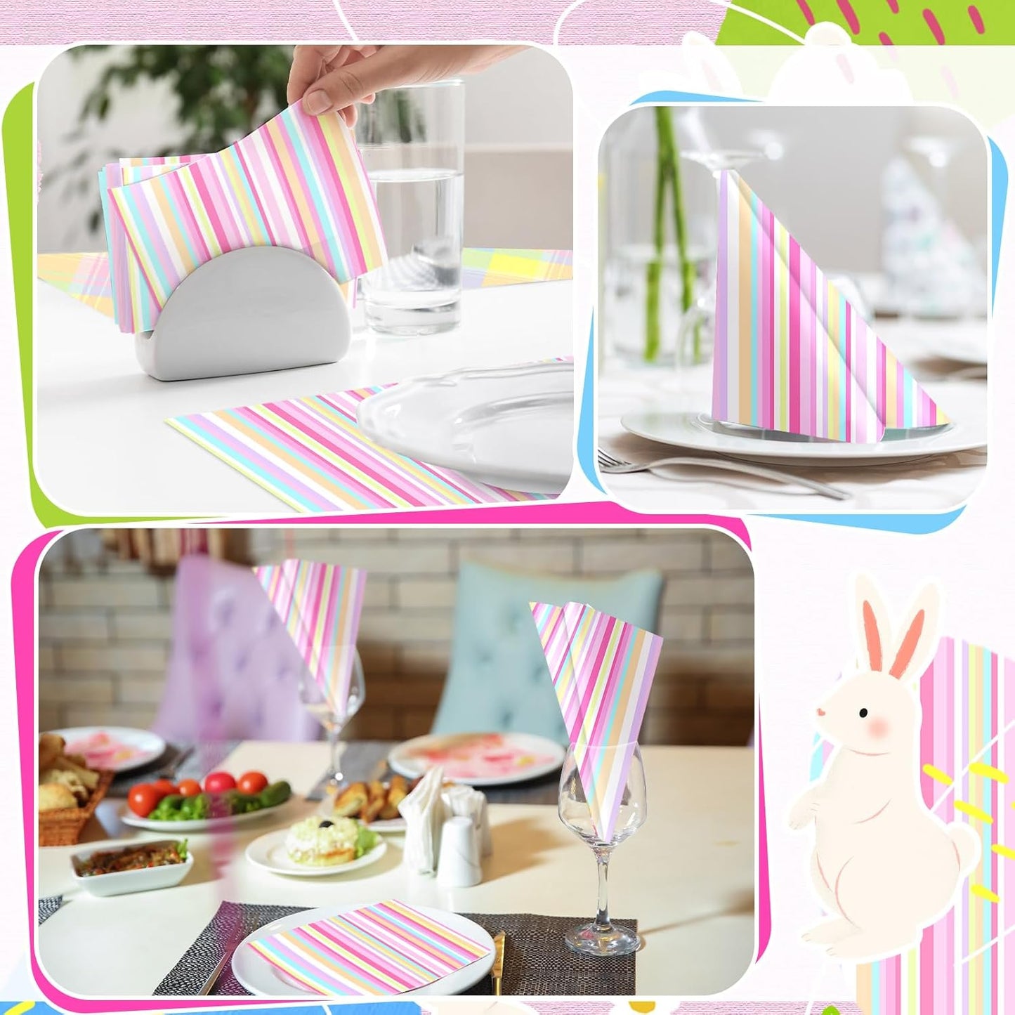 Motipuns 100 Pcs Pastel Paper Napkins—Disposable Plaid, Stripes, Polka Dots, Scallop Designs—Party Tableware for Summer, Birthday, Wedding, Cocktail(Multicolor,Stripe Style)